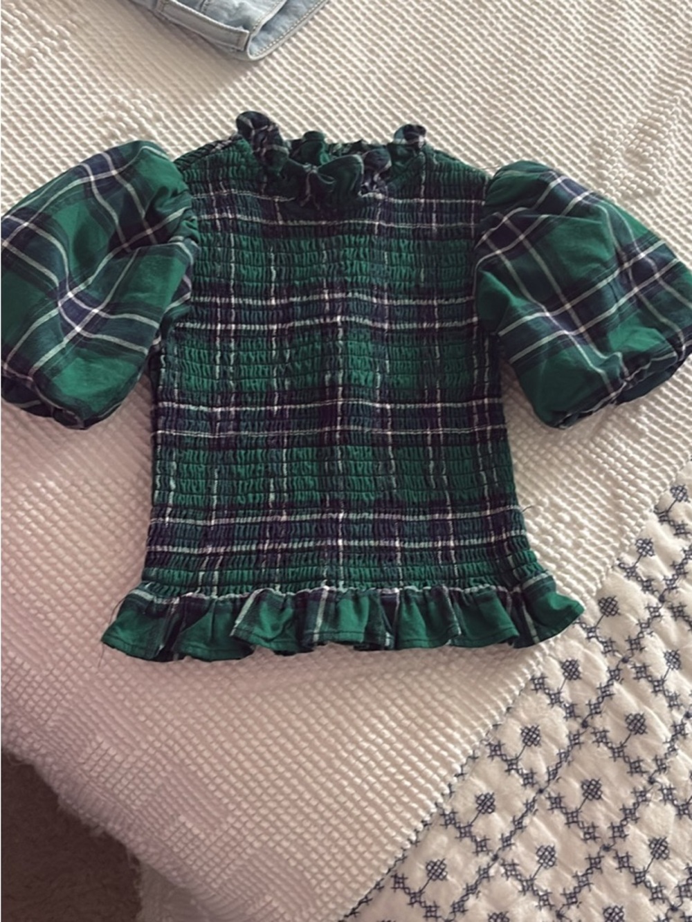 Janie and Jack Green Plaid Smocked Puff-Sleeve Top
